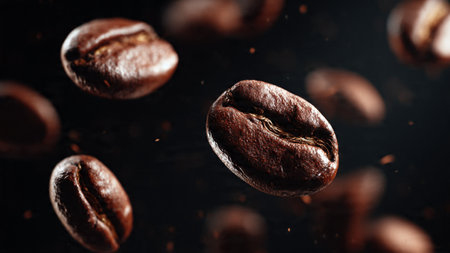 roasted coffee beans on a dark background, close up, macro