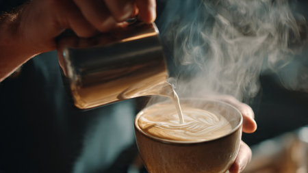 Barista pouring milk into a cup of coffee, close-upの写真素材