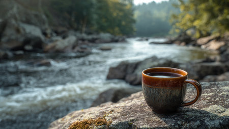 Cup of coffee on the background of a mountain river and forestの写真素材