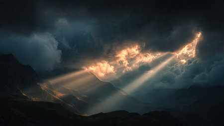 Sun rays shining through clouds in the mountains. Dramatic sky.の写真素材