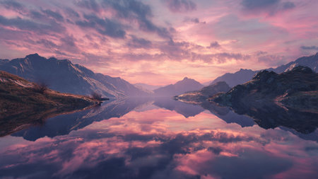 Fantastic panoramic view of a mountain lake at sunrise