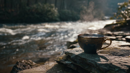 Cup of coffee on a stone in front of a mountain river