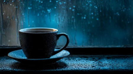 Cup of coffee on the windowsill with raindrops on the backgroundの写真素材