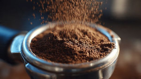 Ground coffee in a coffee grinder close-up, selective focus