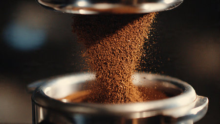 Close up of ground coffee being poured into a coffee grinder.の写真素材
