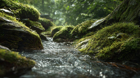 Mossy rocks in a mountain stream flowing through a green forest