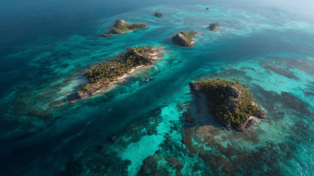 Aerial view of tropical island with coral reef and turquoise sea