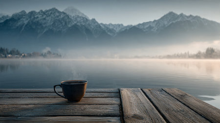 Cup of coffee on a wooden jetty in front of a mountain lakeの写真素材