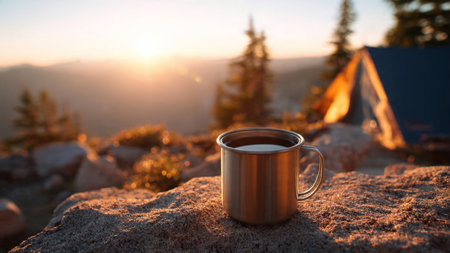 Mug of hot coffee on the top of the mountain at sunset