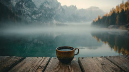 Cup of coffee on the wooden pier in the misty lakeの写真素材