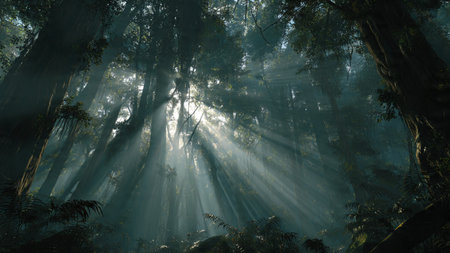 Sunbeams shining through the trees in the rainforest at sunrise