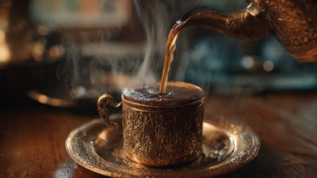 Turkish coffee in a copper cup on a wooden table, close-upの写真素材