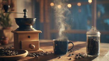 Coffee grinder with coffee beans and cup of coffee on wooden table