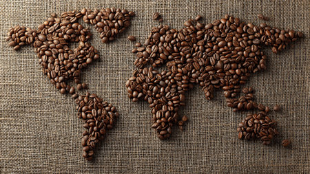 World map made of coffee beans on sackcloth background, top viewの写真素材