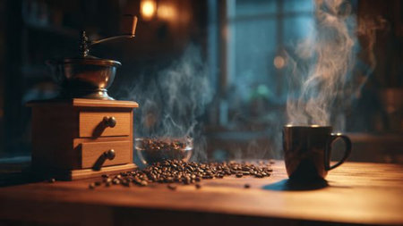 Coffee grinder and coffee beans on a wooden table.の写真素材