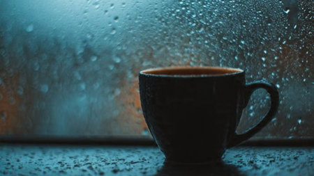 Coffee cup on rainy window background. Rainy day.の写真素材