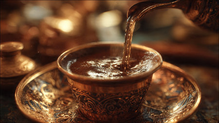 Turkish coffee in a copper cup on the table. Selective focus.