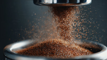 Coffee grinder with coffee grains on dark background, closeupの写真素材