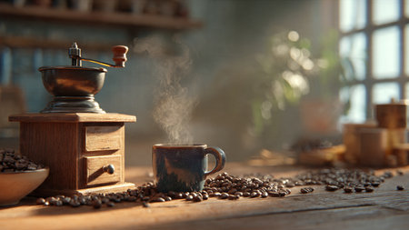 Coffee grinder and cup with coffee beans on wooden tableの写真素材