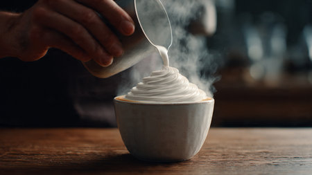 Barista pouring milk into a cup of coffee, close-upの写真素材