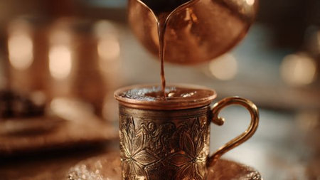 Turkish coffee in a copper cup, close-up. Selective focus.の写真素材
