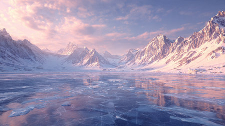 Fantastic winter landscape with frozen lake and mountains at sunset.