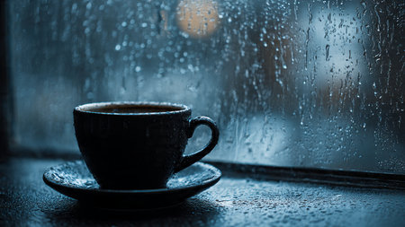 Coffee cup on rainy day with rain drops on window.の写真素材