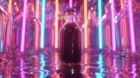 bottle of liquor on the background of colored neon lights. 3d illustration