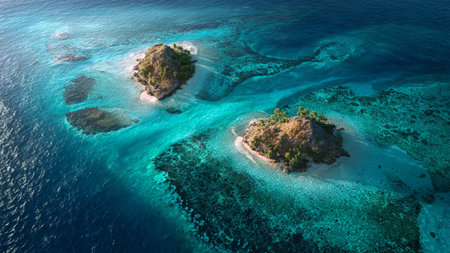 Aerial view of small island with coral reef in the ocean.