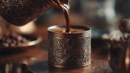 Turkish coffee in a copper cup on a wooden background. Selective focus.の写真素材