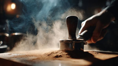 Close-up of a barista's hand using a tamper to press coffee groundsの写真素材