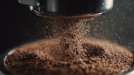 Coffee grinder pouring ground coffee into a glass bowl.