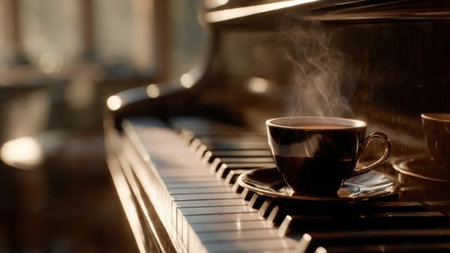 Cup of coffee on the piano keys. Selective focus.の写真素材