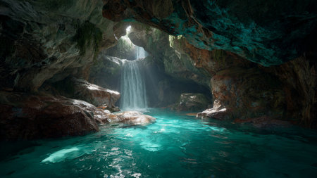Beautiful waterfall in the deep blue cave with clear turquoise water