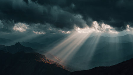Sunbeams shining through the clouds over the mountains of the Caucasusの写真素材
