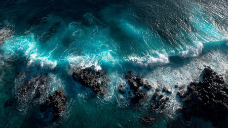 Aerial view of ocean waves crashing on the rocks. Top viewの写真素材