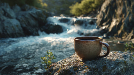Cup of coffee on the background of a mountain river at sunsetの写真素材