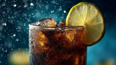 Cola with ice cubes and lime on a dark blue background. Selective focus.の写真素材