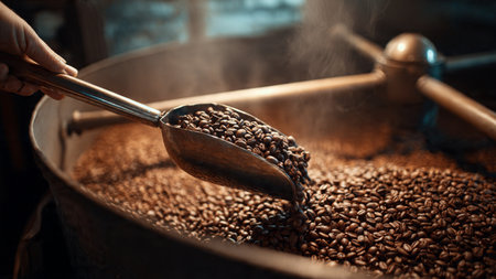 Coffee beans in a coffee roasting machine, close upの写真素材