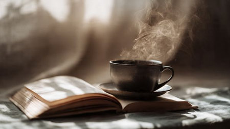 A cup of coffee and an open book on the windowsill.の写真素材