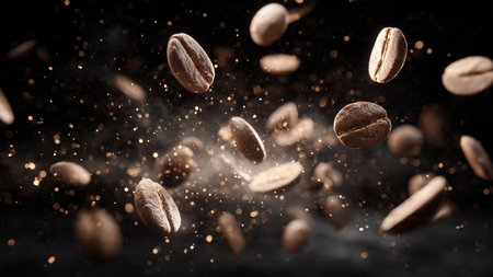 Flying coffee beans on a dark background. Flying grains of coffee.の写真素材