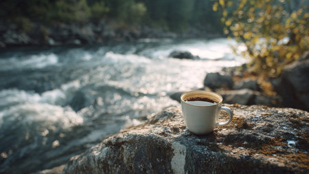 Coffee cup on the rocks in front of a mountain riverの写真素材
