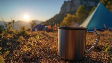 Mug of hot drink on the background of a camping tent.の写真素材