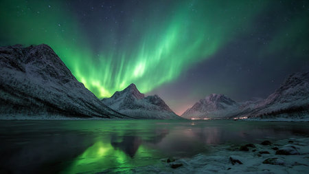 Aurora borealis at Lofoten islands, Norwayの写真素材