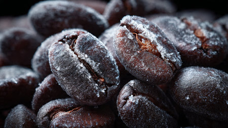 Coffee beans with sugar on a dark background. Selective focus.