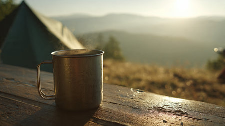 Mug of hot drink on a wooden table in the mountains.の写真素材