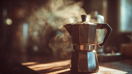 Coffee maker with steam on the wooden table. Selective focus.の写真素材