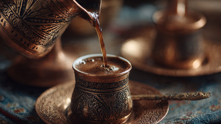 Turkish coffee in a copper cup on a wooden table. Close upの写真素材