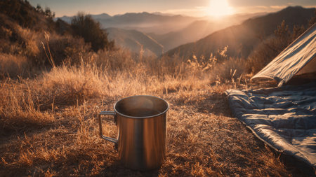 Camping in the mountains at sunset. Hot tea in a metal mug.の写真素材