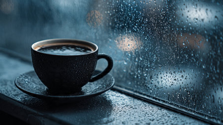 Coffee cup with rain drops on the window in rainy dayの写真素材